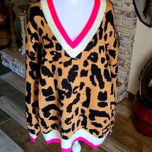 Leopard sweater with pink and white trim